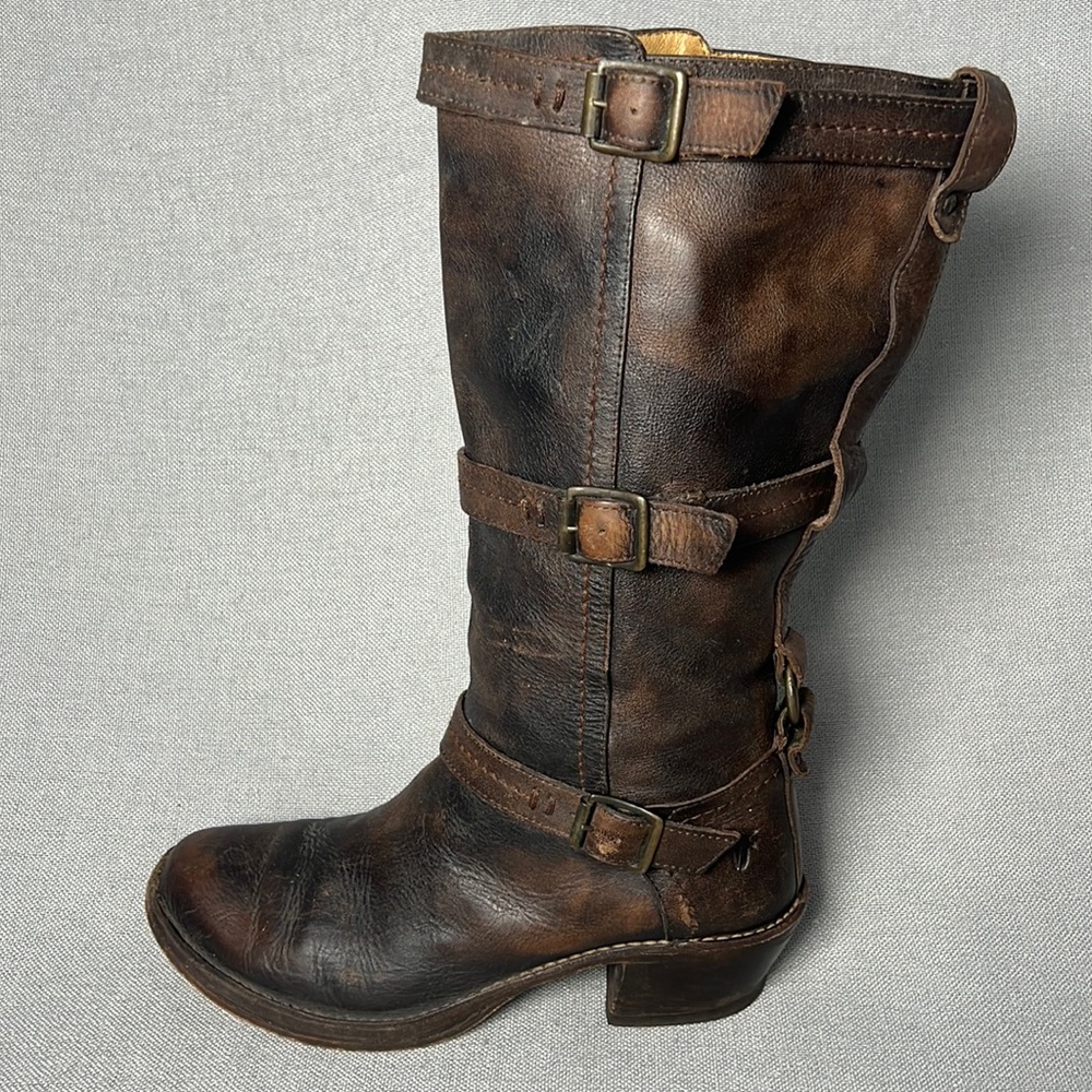 Frye Carmen 3 strap brown distressed leather boots, size 8.5